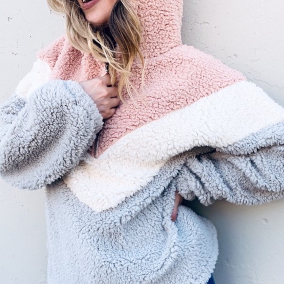 Sherpa Half-Zip Color Block Fleece Hoodie Top - Picture 6 of 7